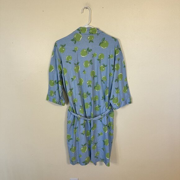 Green Apple Print Cotton Robe Soft Loungewear The Company Store Medium Tie Blue - Picture 3 of 6